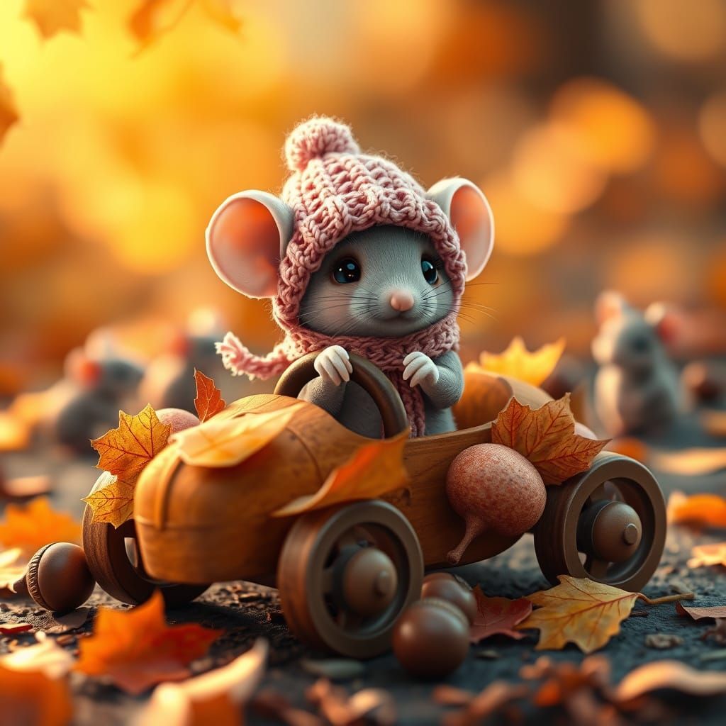 Adorable Mouse in Autumn Leaf Car with Pink Knitwear