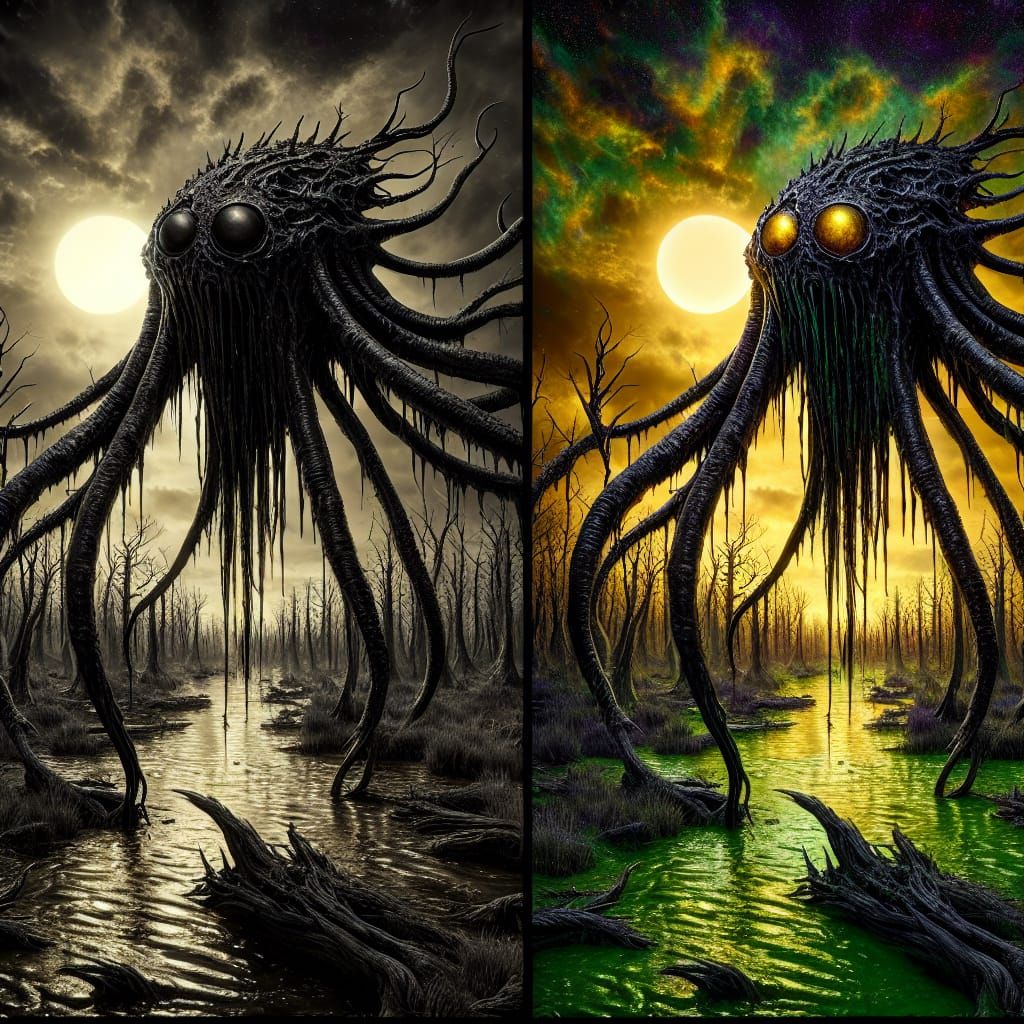 Cryptic Swamp Creature with Ominous Eyes in Dark Fantasy Art