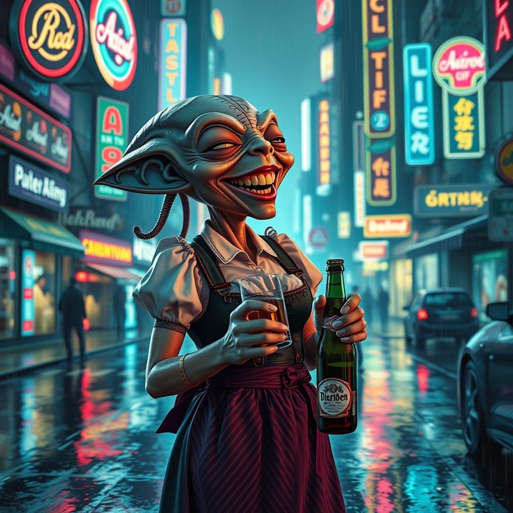 Alien in Dirndl Laughs in Neon Cyberpunk Cityscape