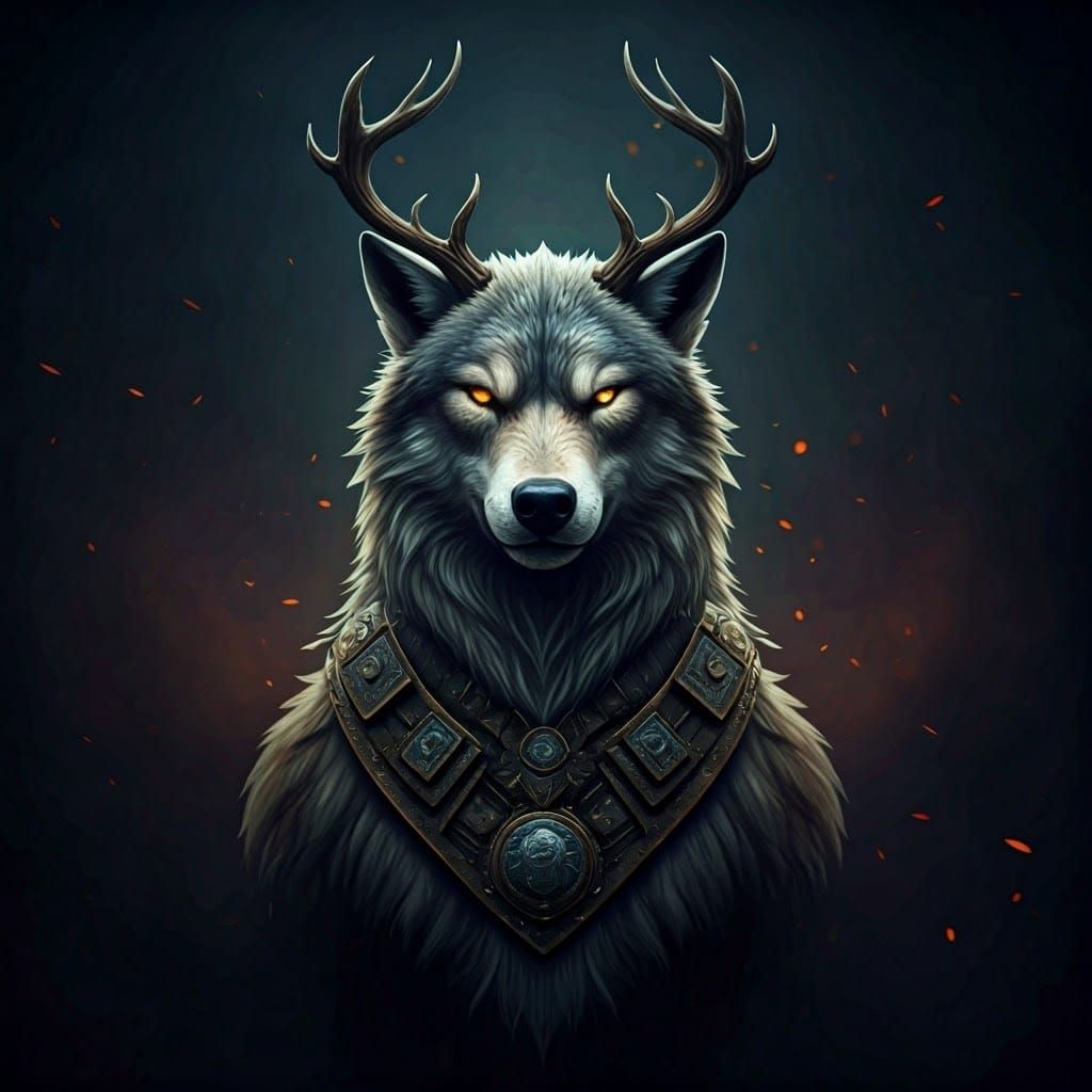 Epic Heraldic Fantasy Landscape with Stag and Direwolf
