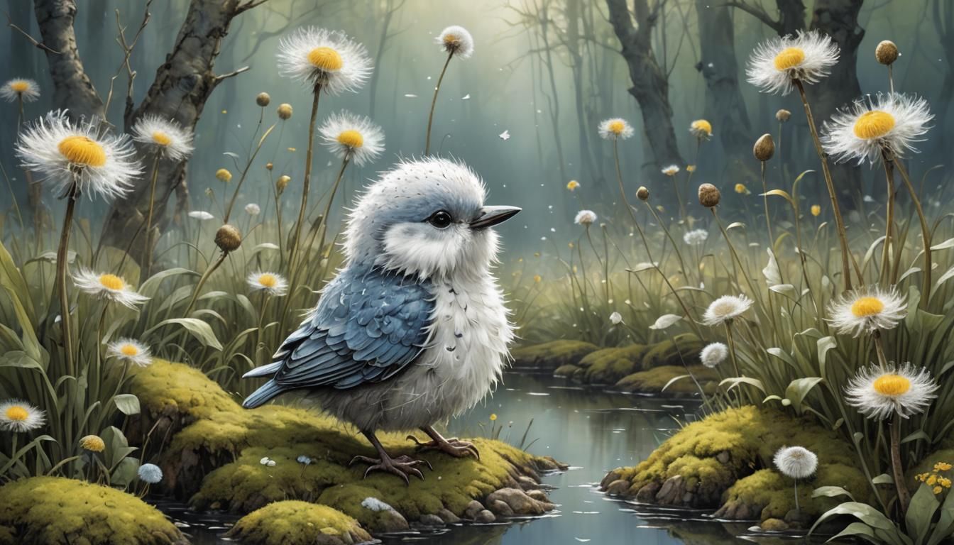 Silver and White Bird in Dandelion