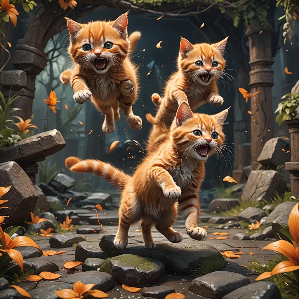 Cute Orange Kitten Play Snarling: Detailed Matte Painting