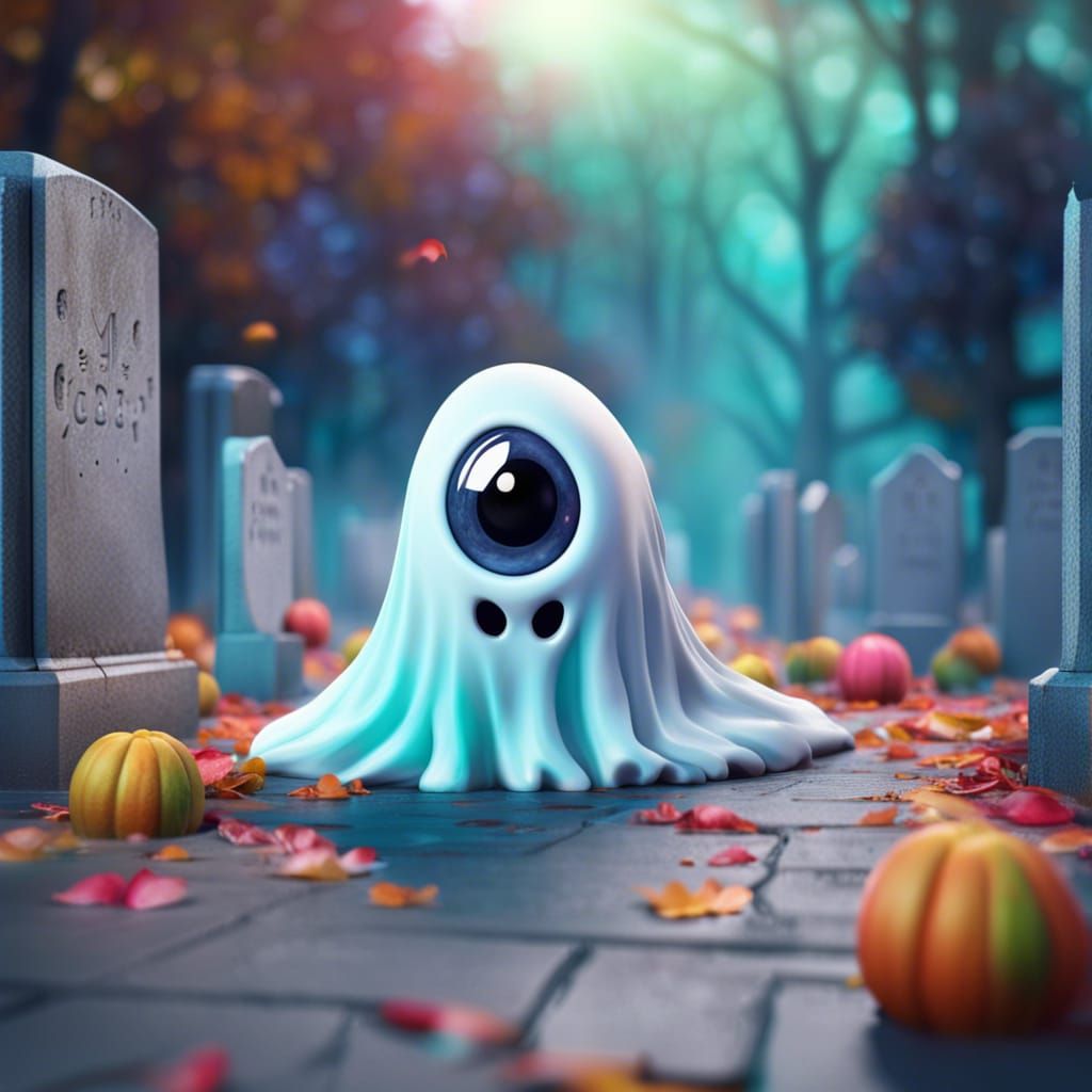Adorable 3D Ghost in Cemetery Splash Art