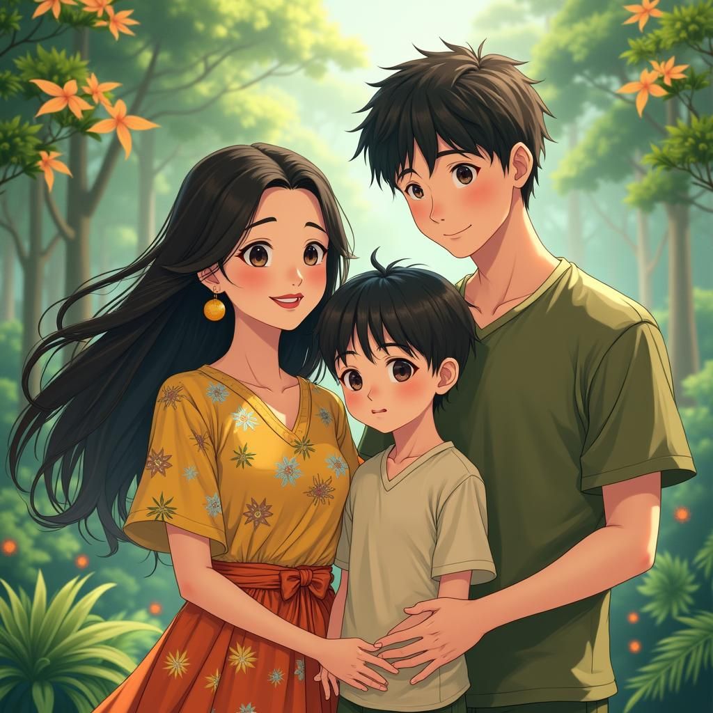 Joyful Family with Contrasting Twins in Anime Style