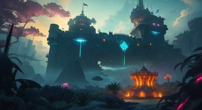 Tropical Cyberpunk Fortress on Exotic Shoreline