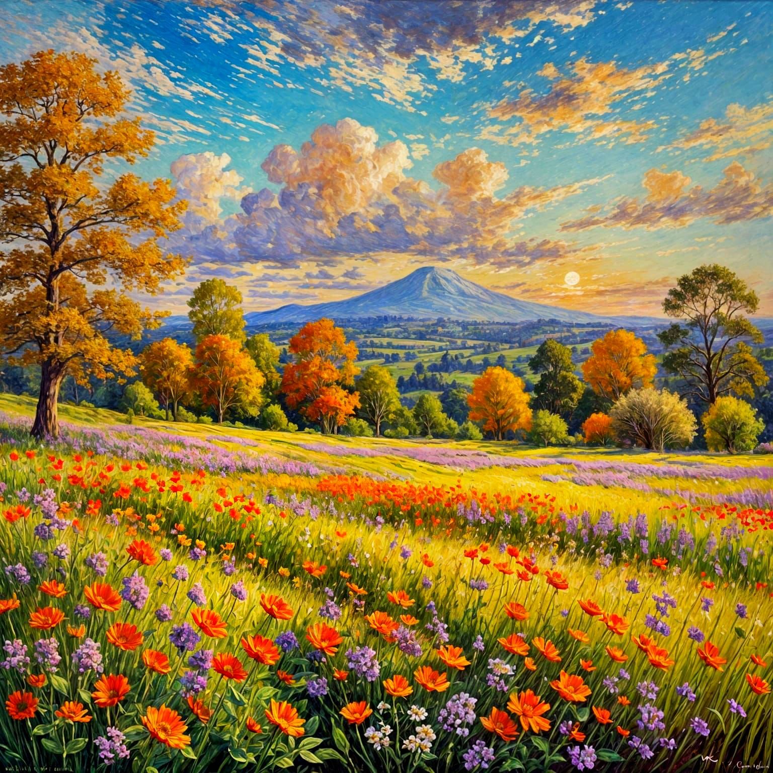 Vibrant Sunset Landscape with Intricately Detailed Flowers