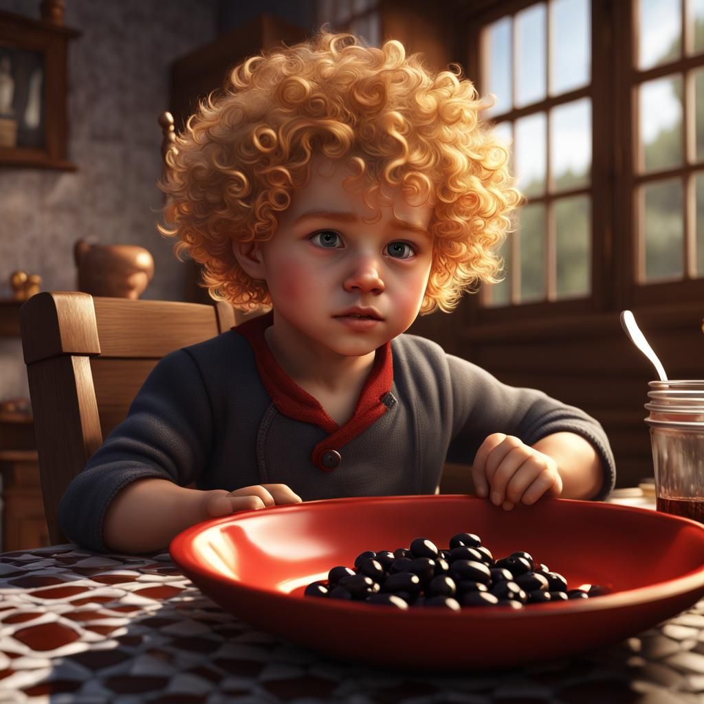 Fantasy Toddler Enjoying Olives in Farmhouse