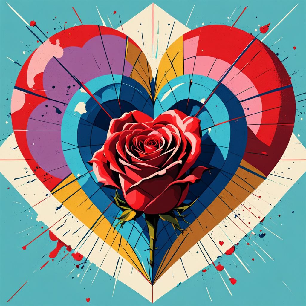 Pop Art Heart with Roses in Bauhaus Style
