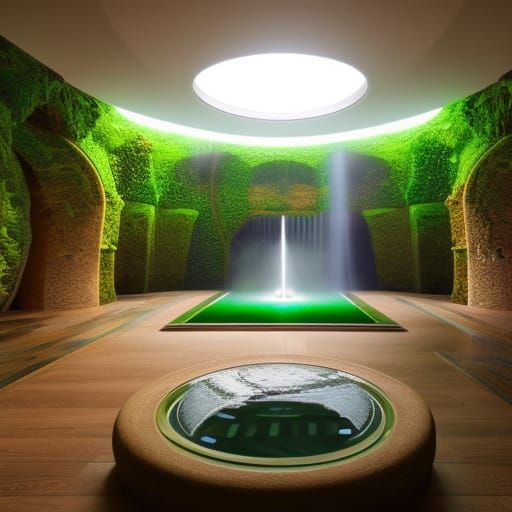 Surreal Green Atrium with Stone Fountain