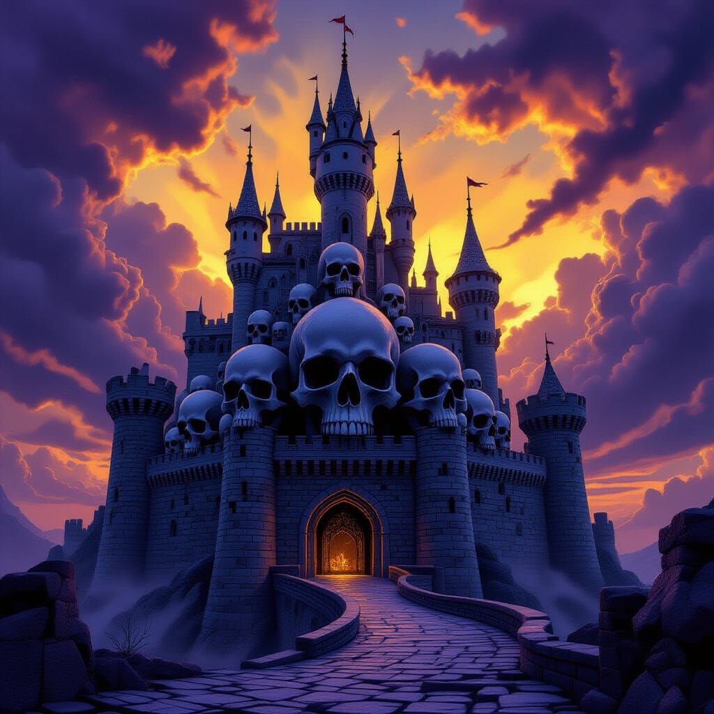 Grim Skull Castle Against Tumultuous Sky