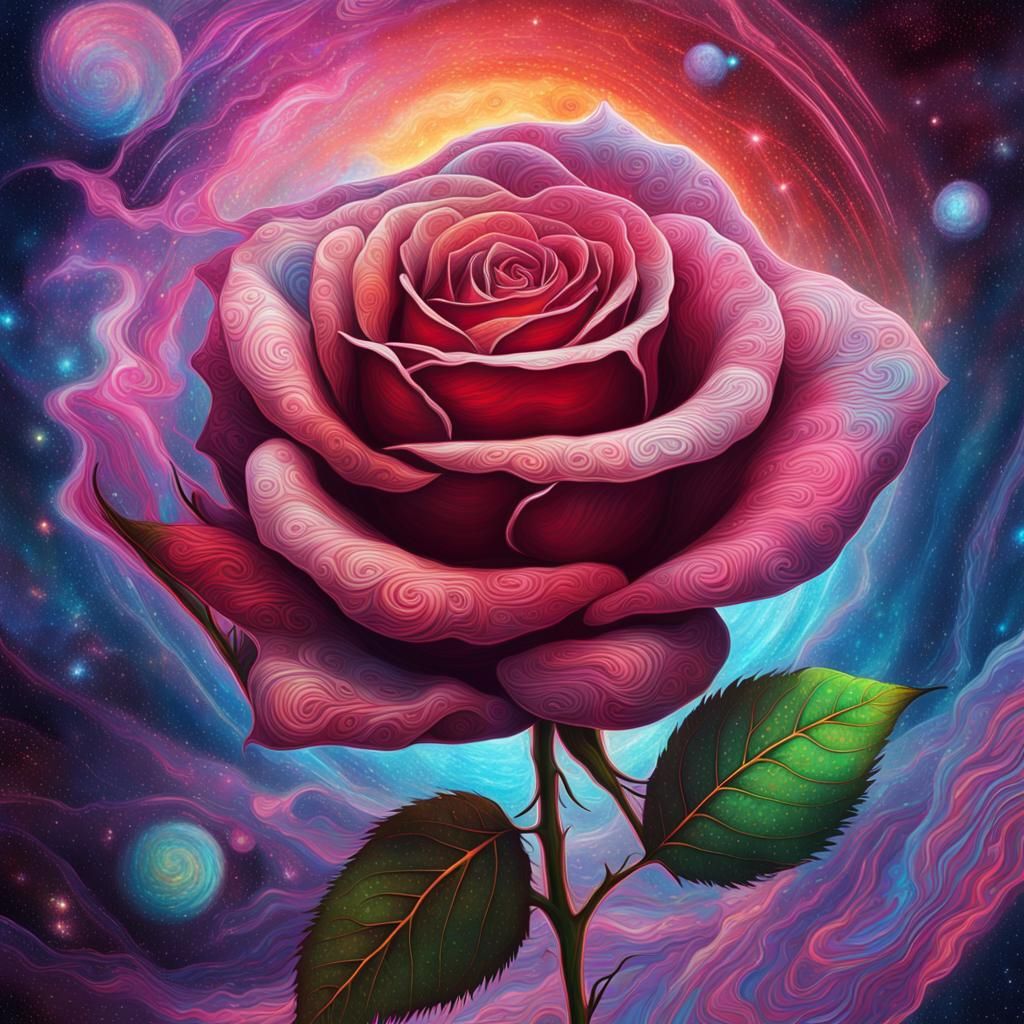 Cosmic Rose Holographic Illustration in Mixed Media