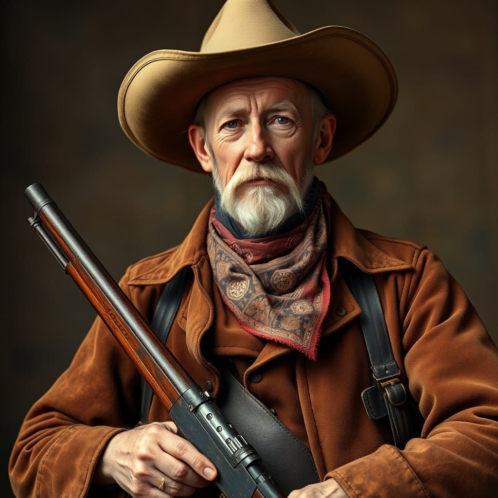 Realistic Portrait of Buffalo Bill Cody Holding a Winchester...