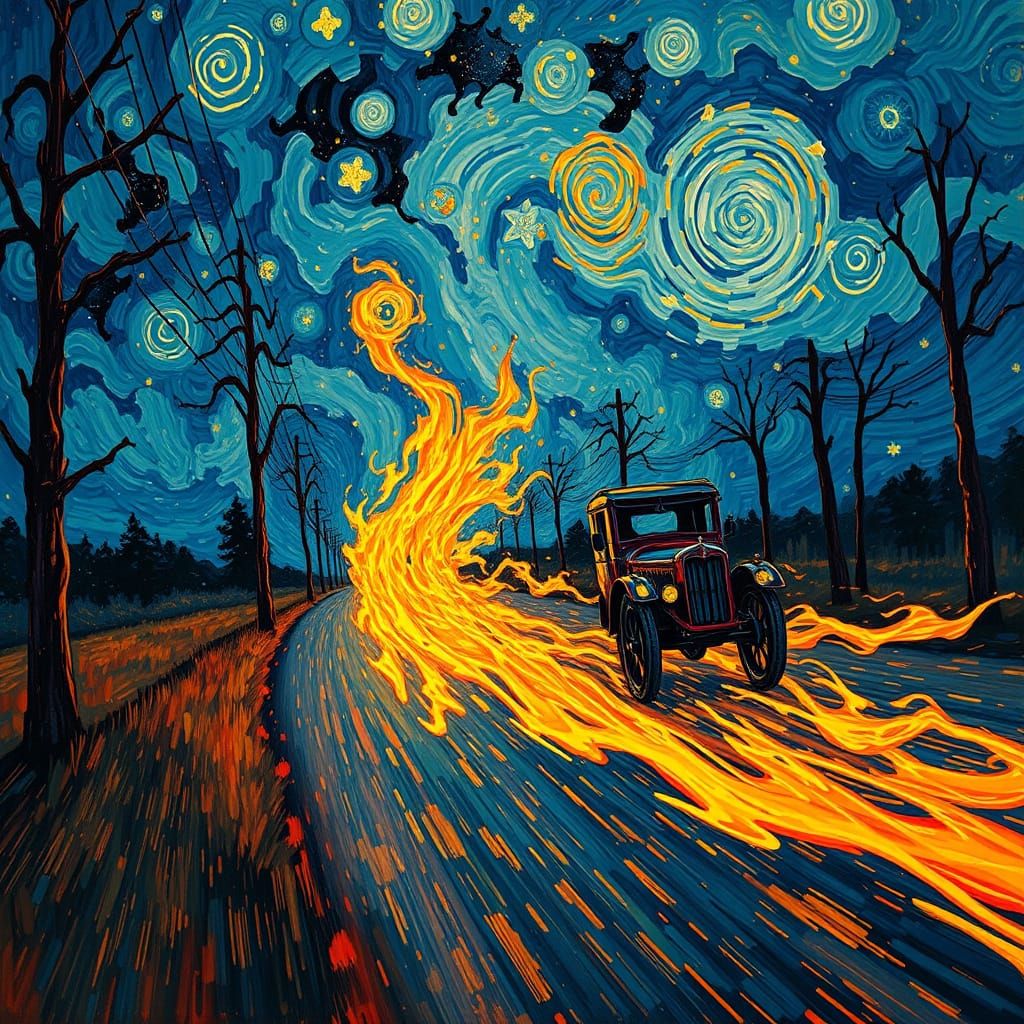 Surreal Post-Impressionist Wheels on Fire Rolling Down the R...