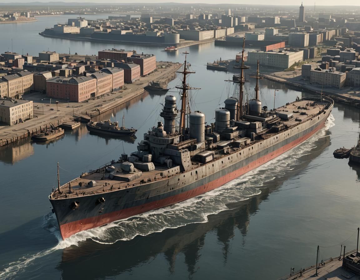 Dieselpunk Warship in Norilsk Cityscape