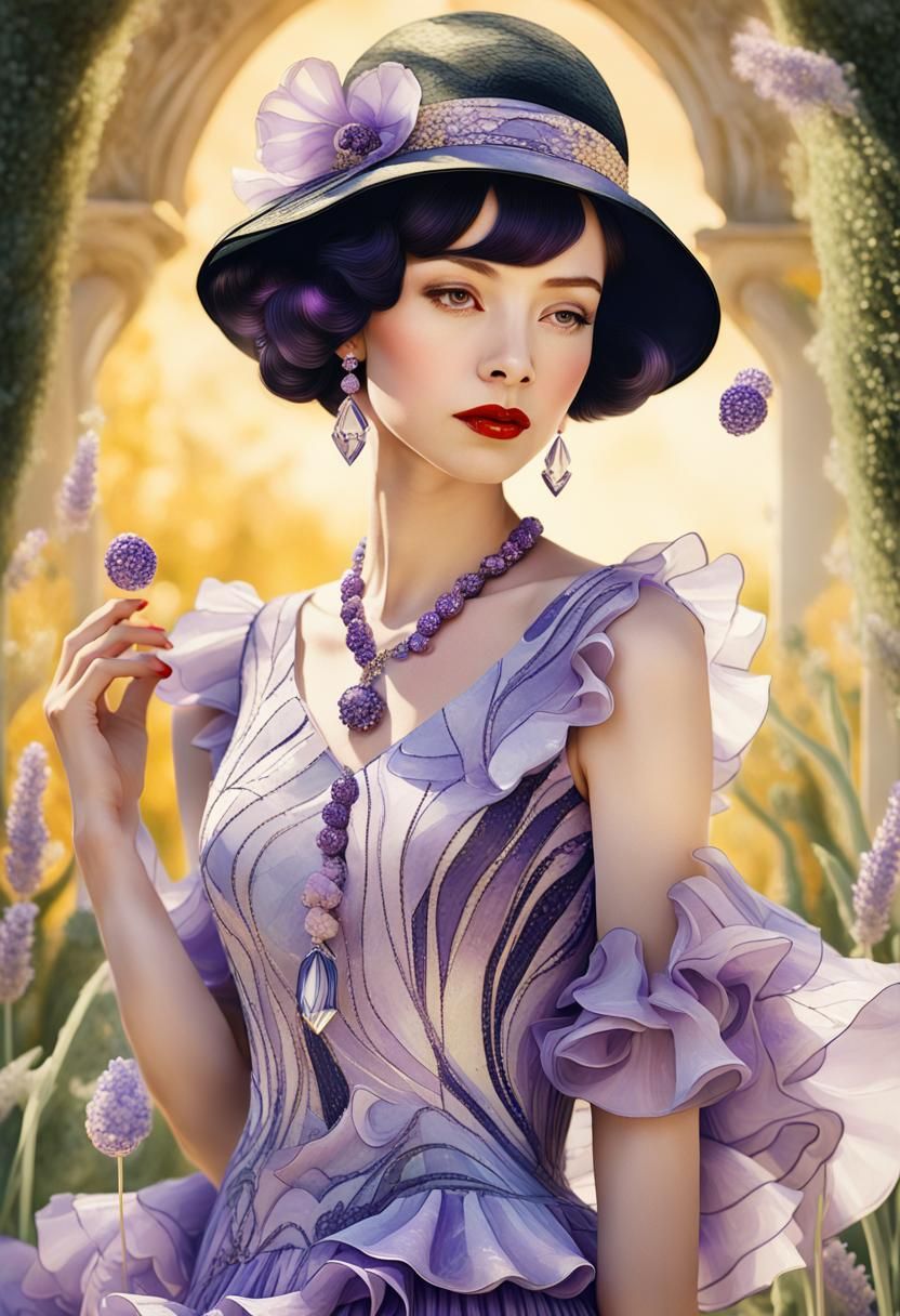 Art Deco Lady with Lavender Hat in Garden