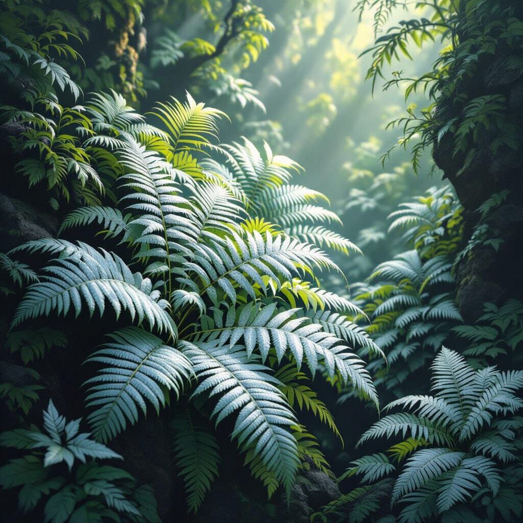 Snowcap Ferns in Dark Fantasy Style with Volumetric Lighting