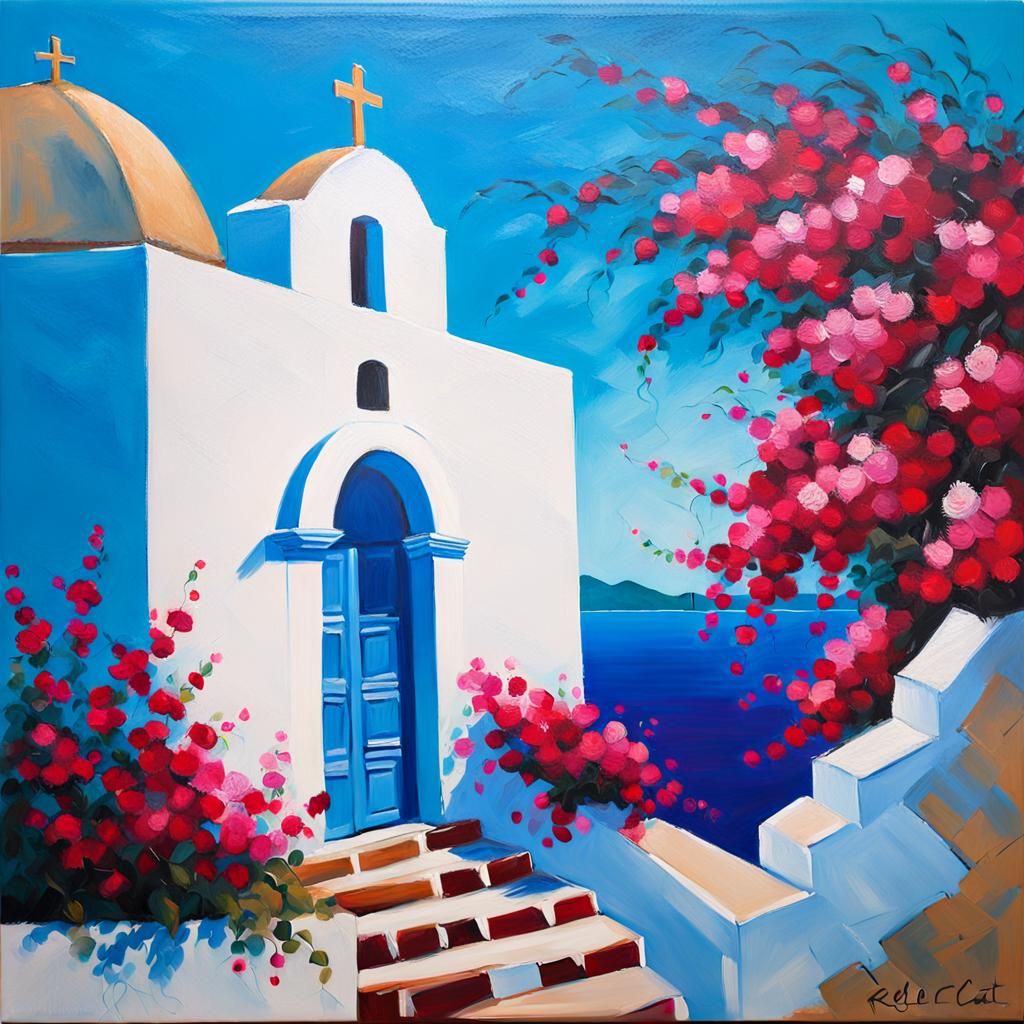 Modern impressionism minimalist acrylic painting, Greece Cre...