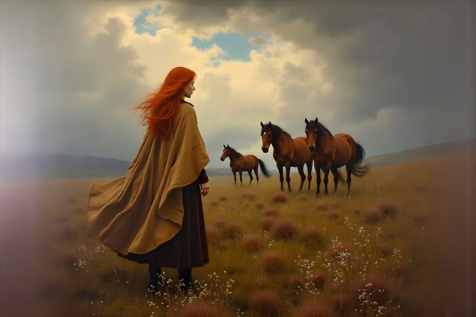 Red-Haired Woman on Windswept Moor, Dutch Painting