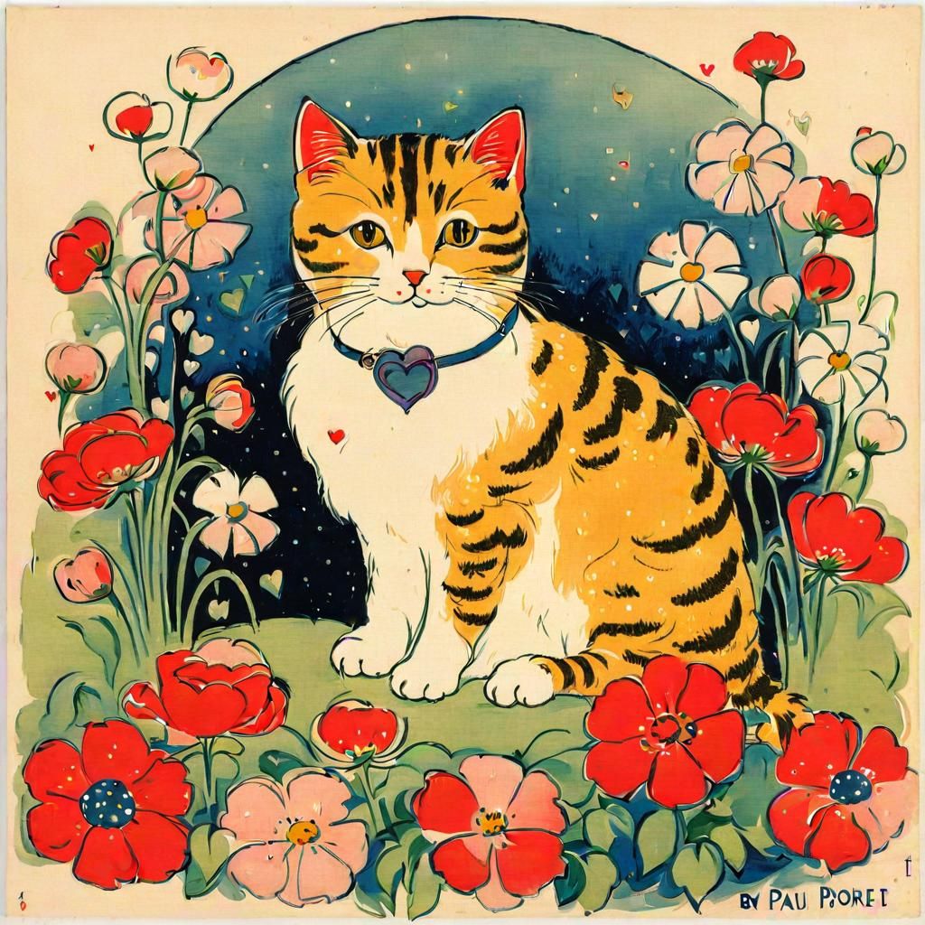 Cute Cat with Flowers in Fashion Illustration Style