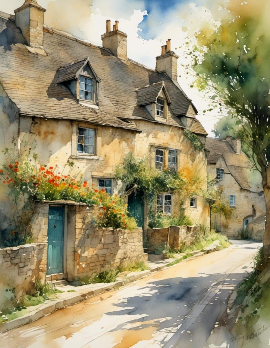 Cotswold Village Street in Watercolor Style