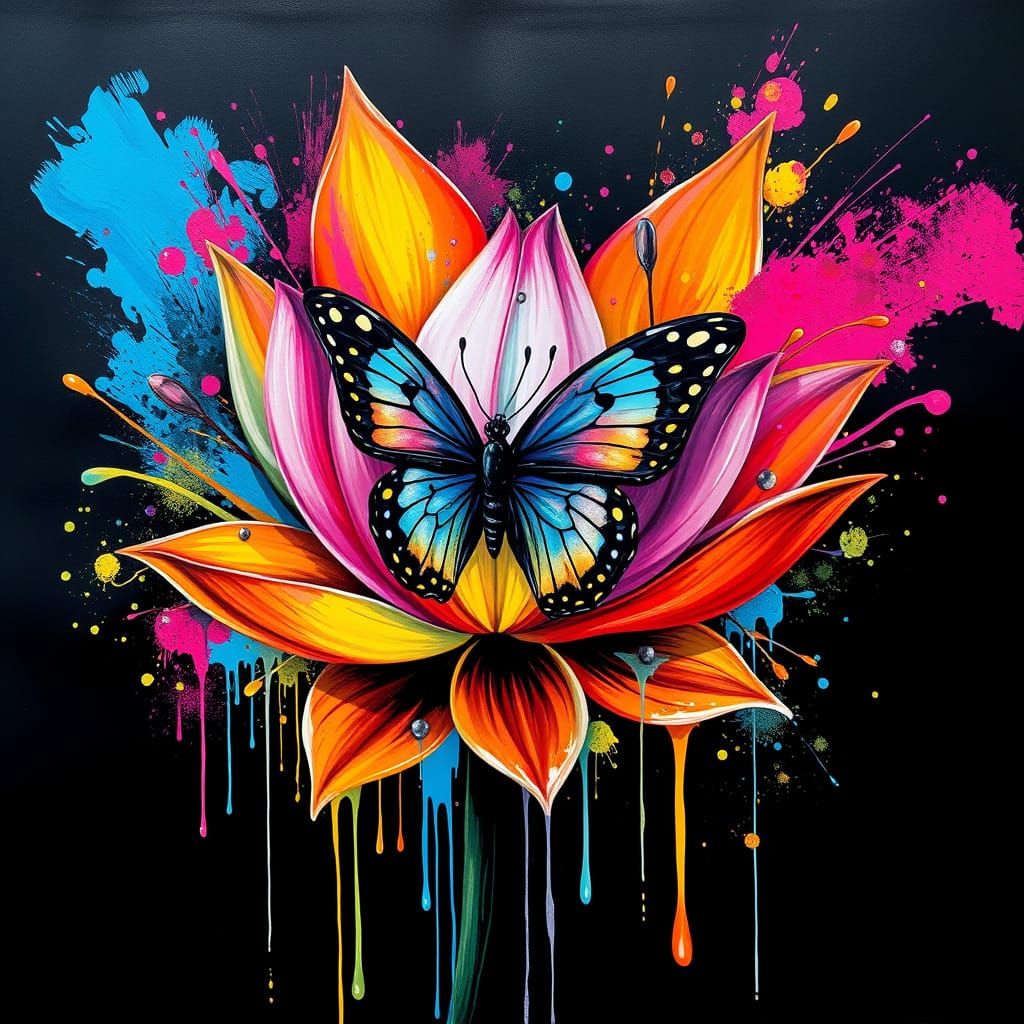 Vibrant Street Art Scene with Lotus Flower and Butterfly