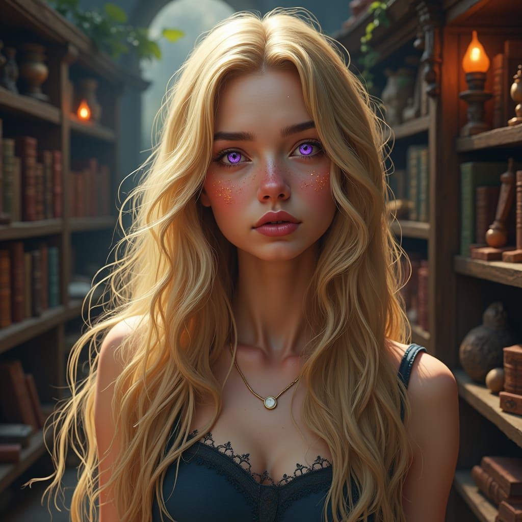 Mystical Bookshop: Woman with Purple Eyes