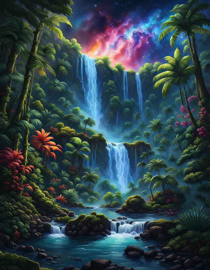 Rainforest Waterfall Under Galaxy Sky in Watercolour