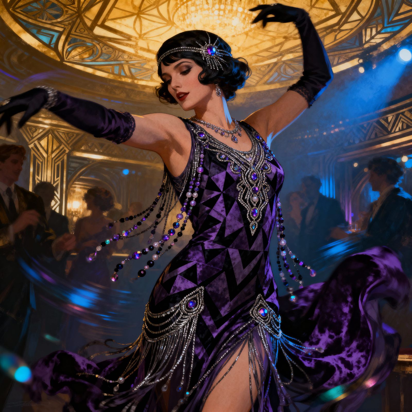 Flapper Dancing in Purple Onyx Dress at Speakeasy