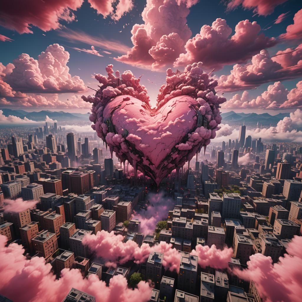 Heart Pink Clouds Over City: Fantasy Concept Art