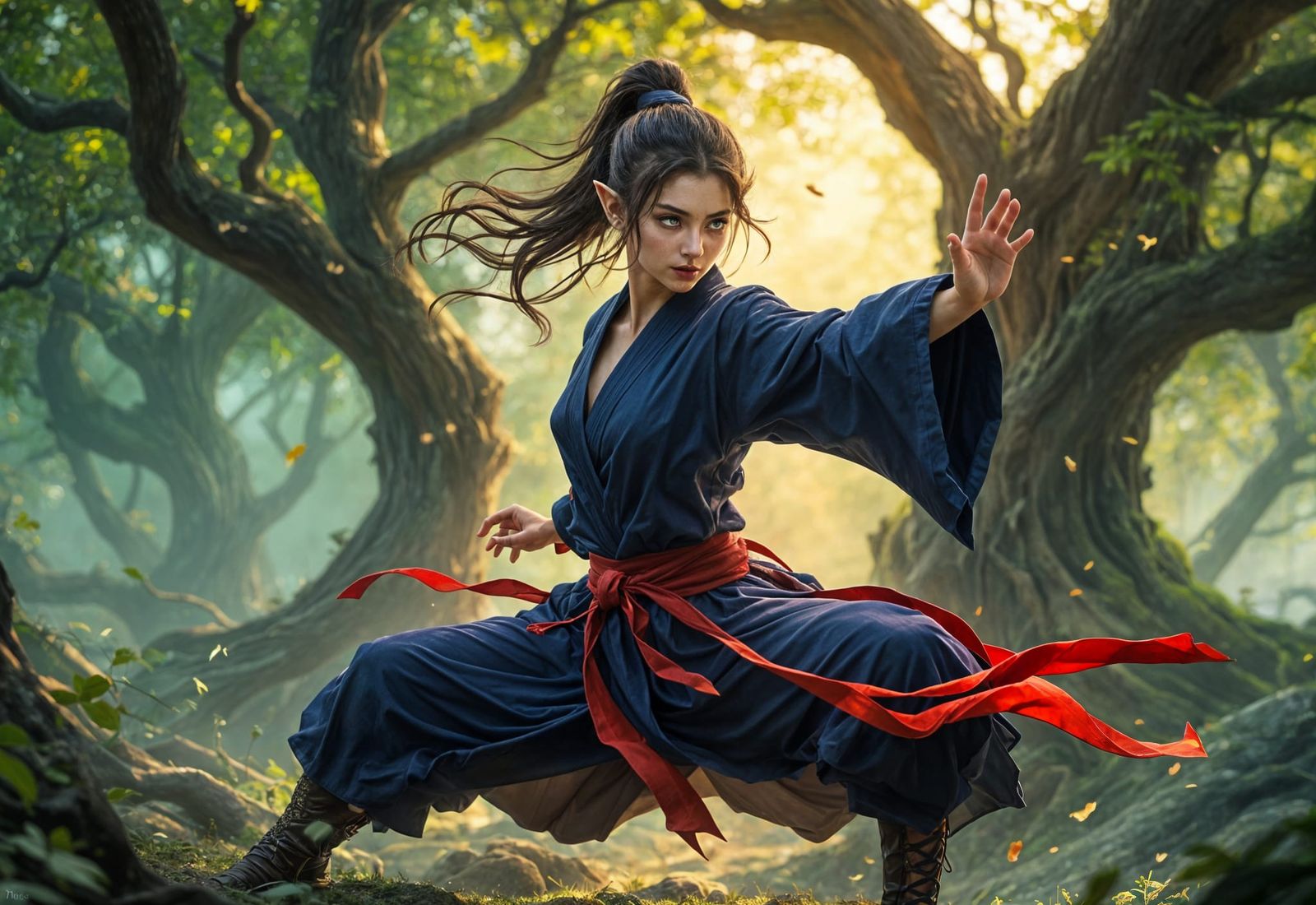 Elegant Elven Martial Artist in Traditional Shinobi Armor