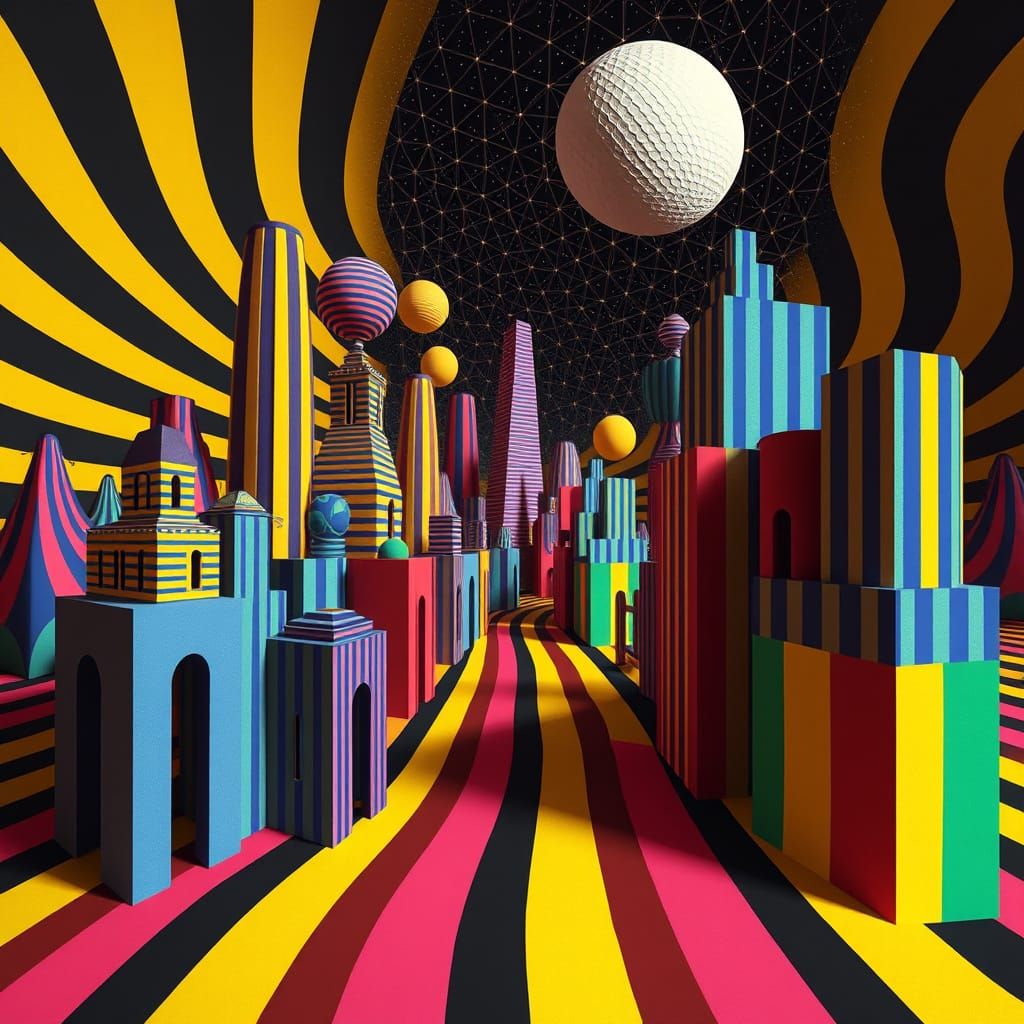 Surreal Cityscape in Vibrant Striped Patterns
