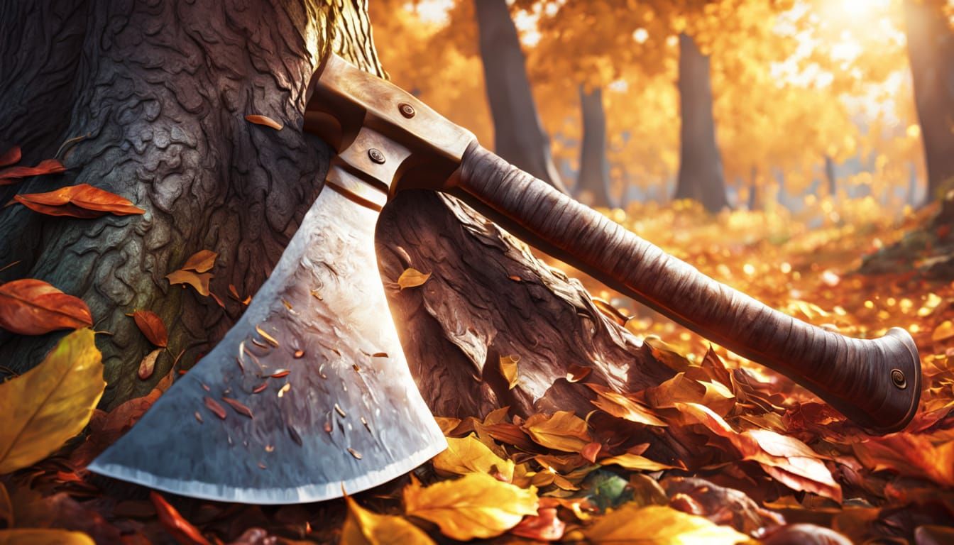 Axe and Tree in Golden Light: Hyperrealistic Concept Art