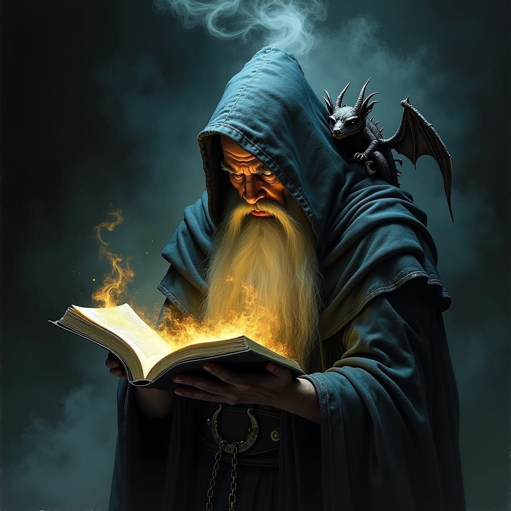 Dark Wizard Reading with Demon, in Dark Fantasy Style