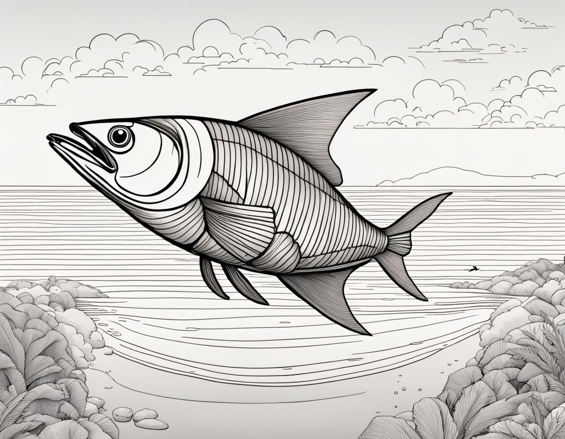 Detailed Line Art of Flying Fish Over Beach