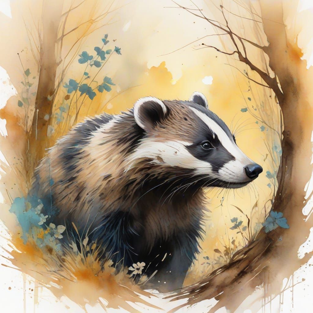 Watercolor Badger Emerges from Woodland Den