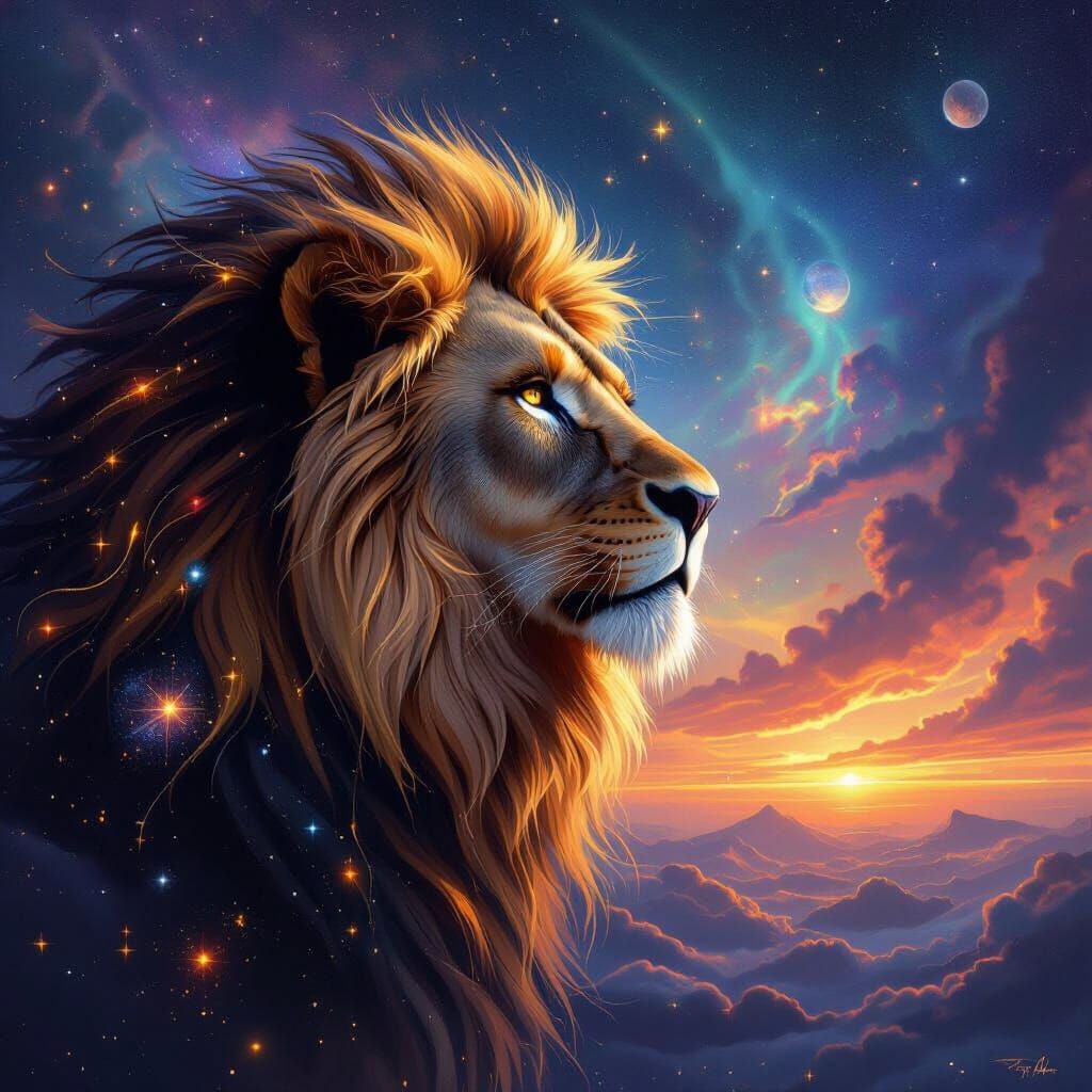 Cosmic Lion with Stardust Mane and Nebulae