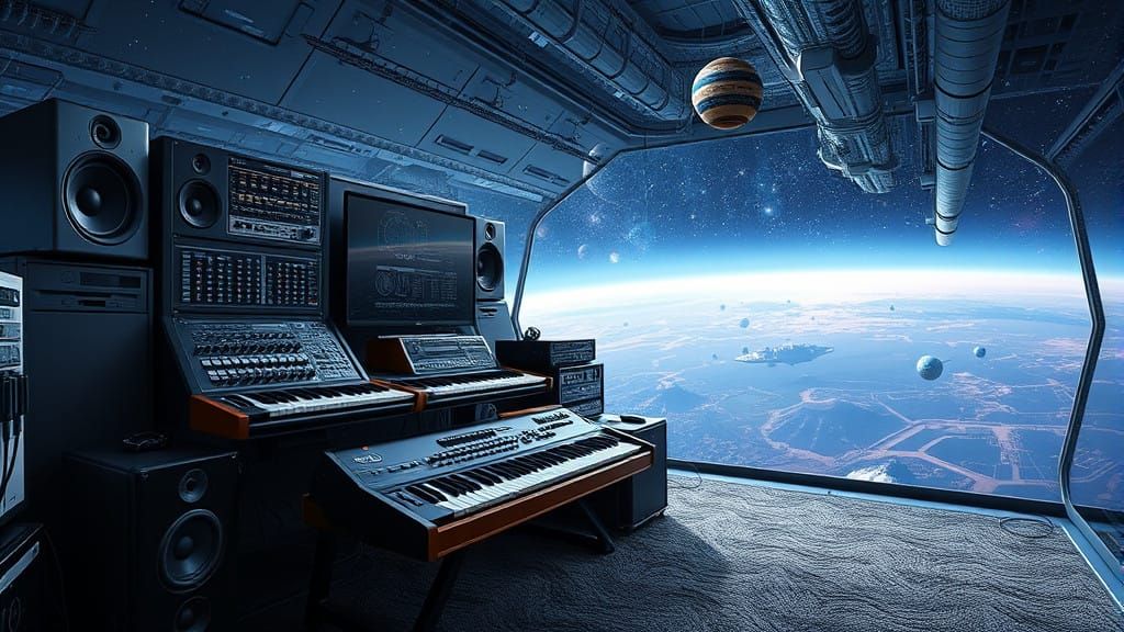 Cosmic Synth Lab in Futuristic Space Station
