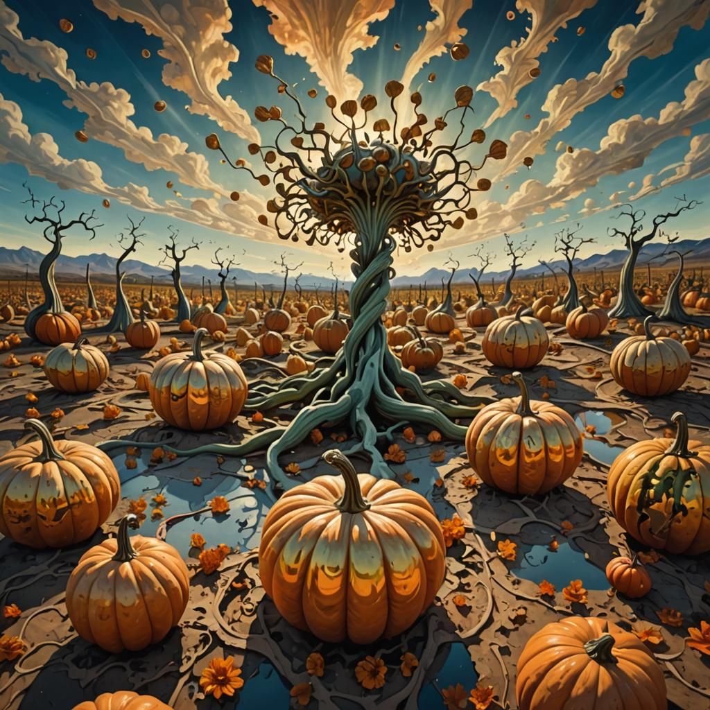 Surreal Landscape with Twisting Flora and Floating Gourds