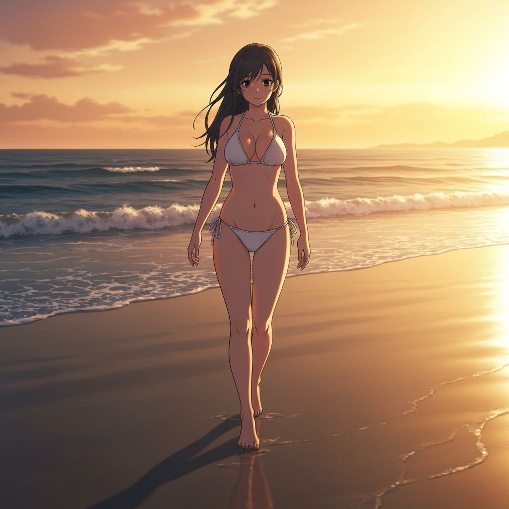 Woman in Bikini Walking on Beach at Sunset in Manga Style