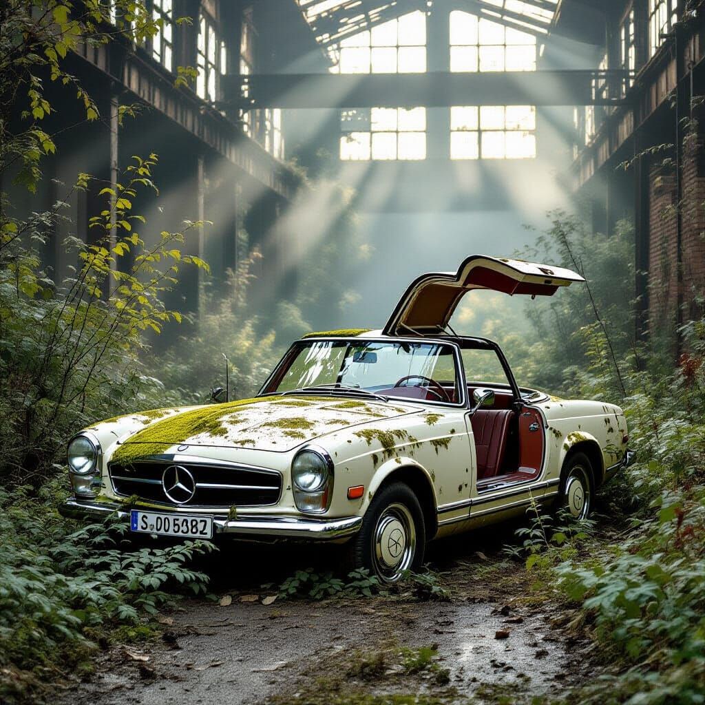 Moss-Covered Mercedes Pagoda in Overgrown Field