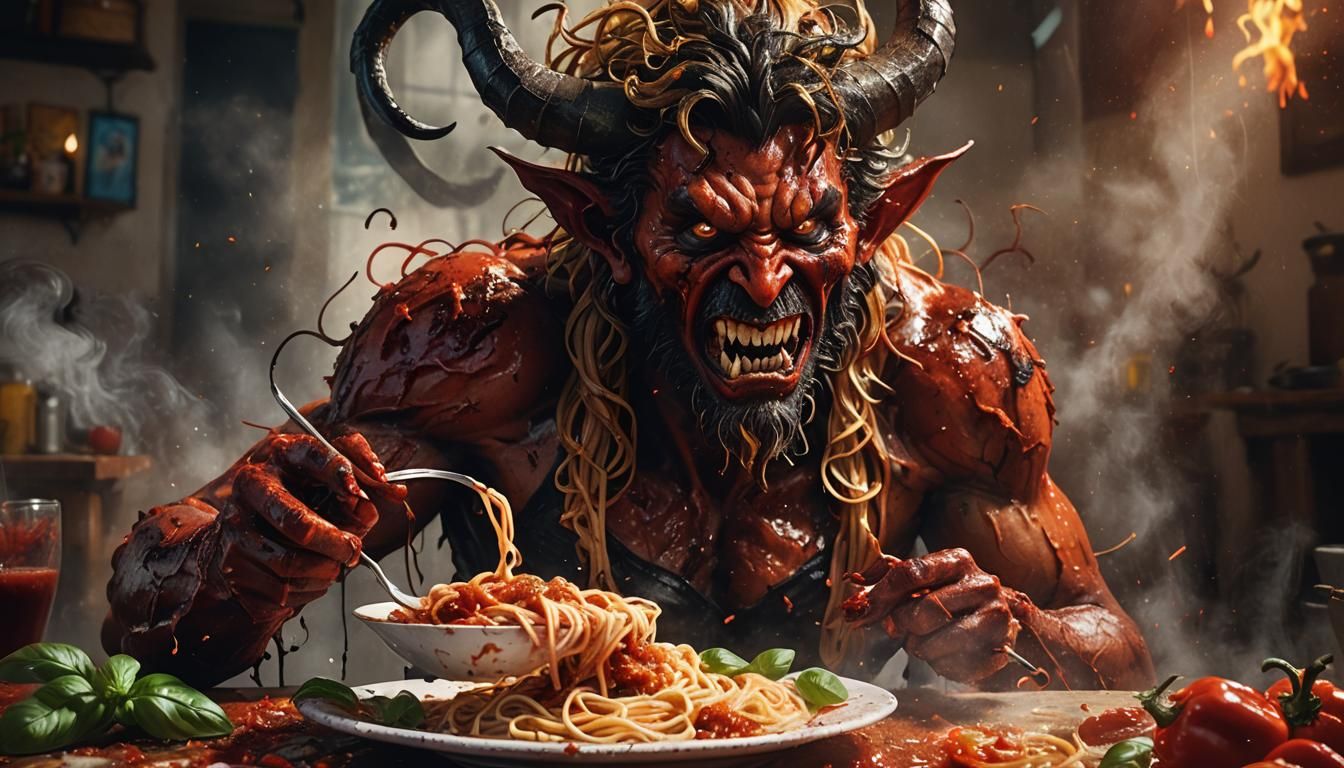 Demon's Spaghetti Feast in Hyper-Realistic Splash Art