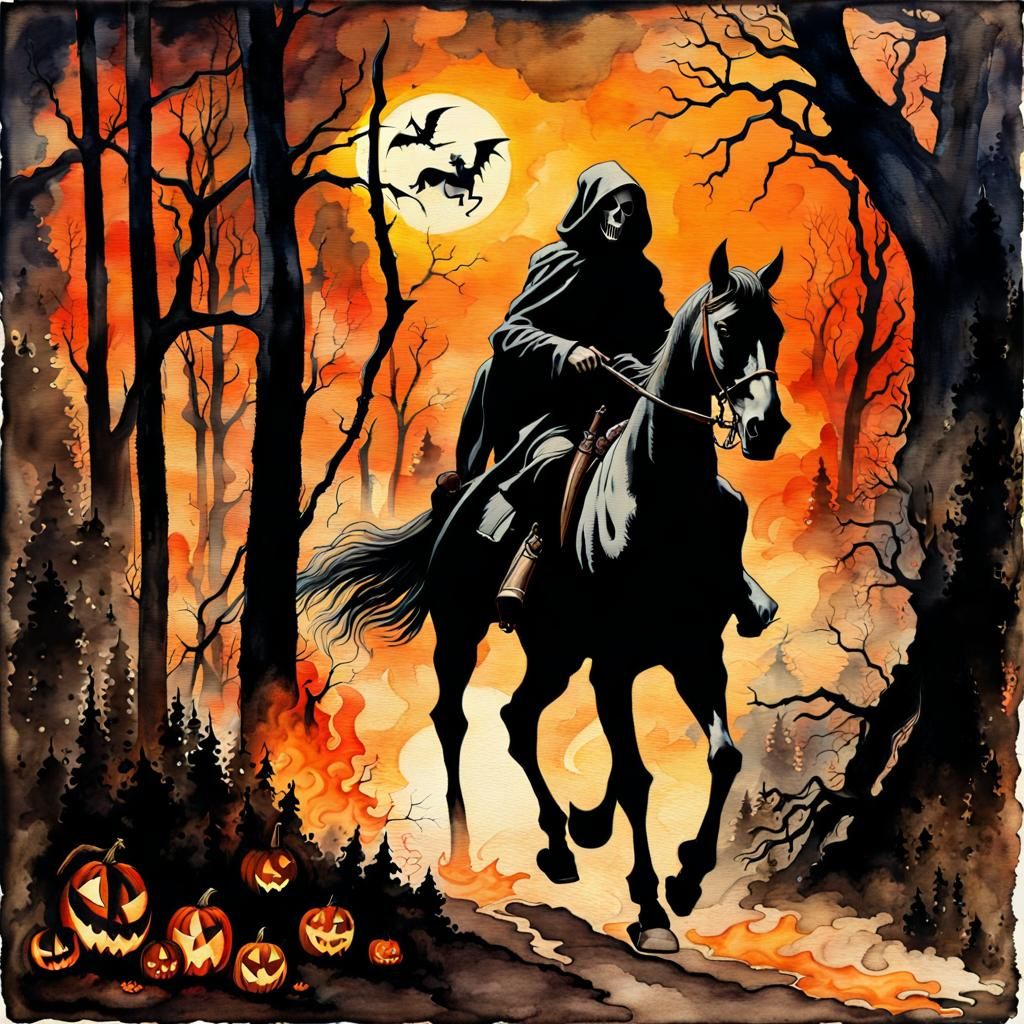 Grim Reaper Rides Through Halloween Forest in Watercolor