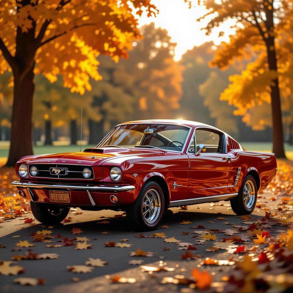1965 Ford Mustang: Restored Red Classic in Autumn Light