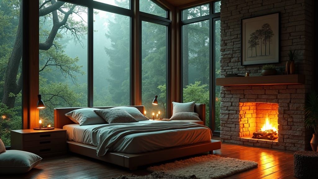 Rainy Forest Cabin Bedroom in Matte Painting Style