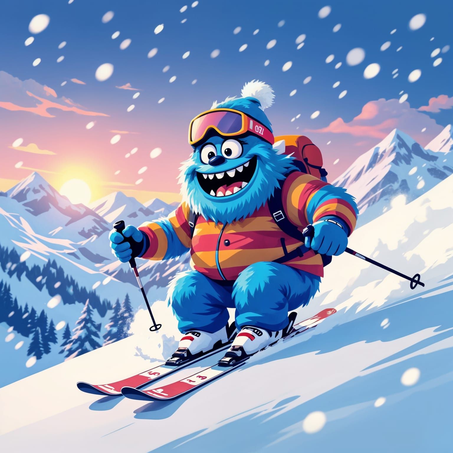 Blue Monster Skiing Down Snowy Mountain in 80s Style