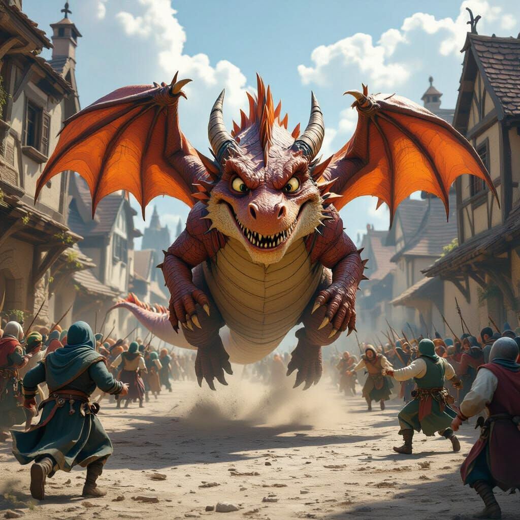 Comical Dragon Terrifies Medieval Peasants in Dusty Village