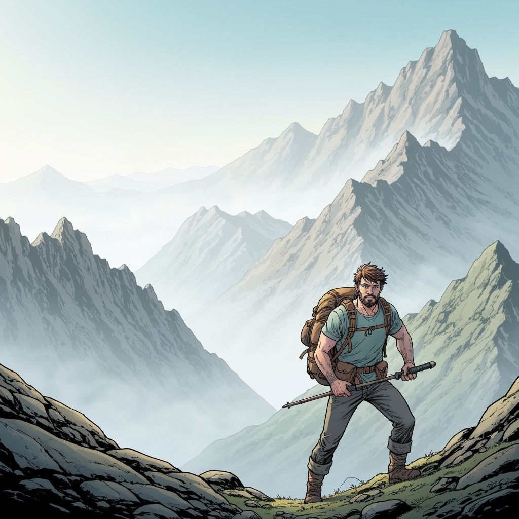 Lone Hiker in Misty Mountains: Comic Book Art