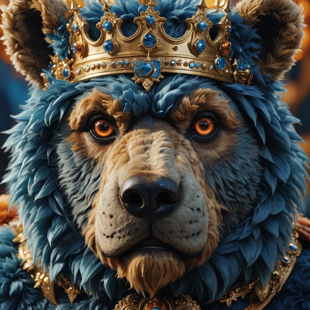 Monstrous Blue Teddy Bear with Golden Crown