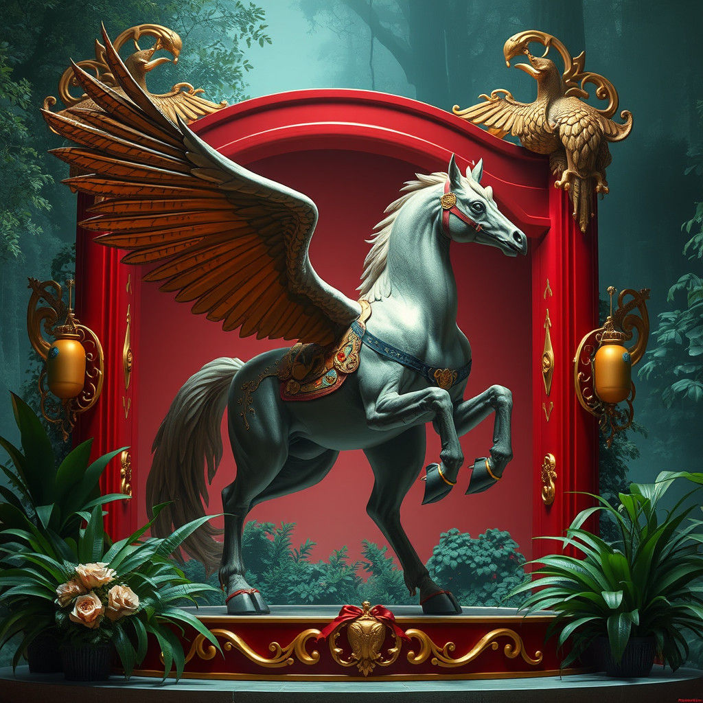 Majestic Hippogriff in Scarlet Enclosure, Futuristic Fantasy...