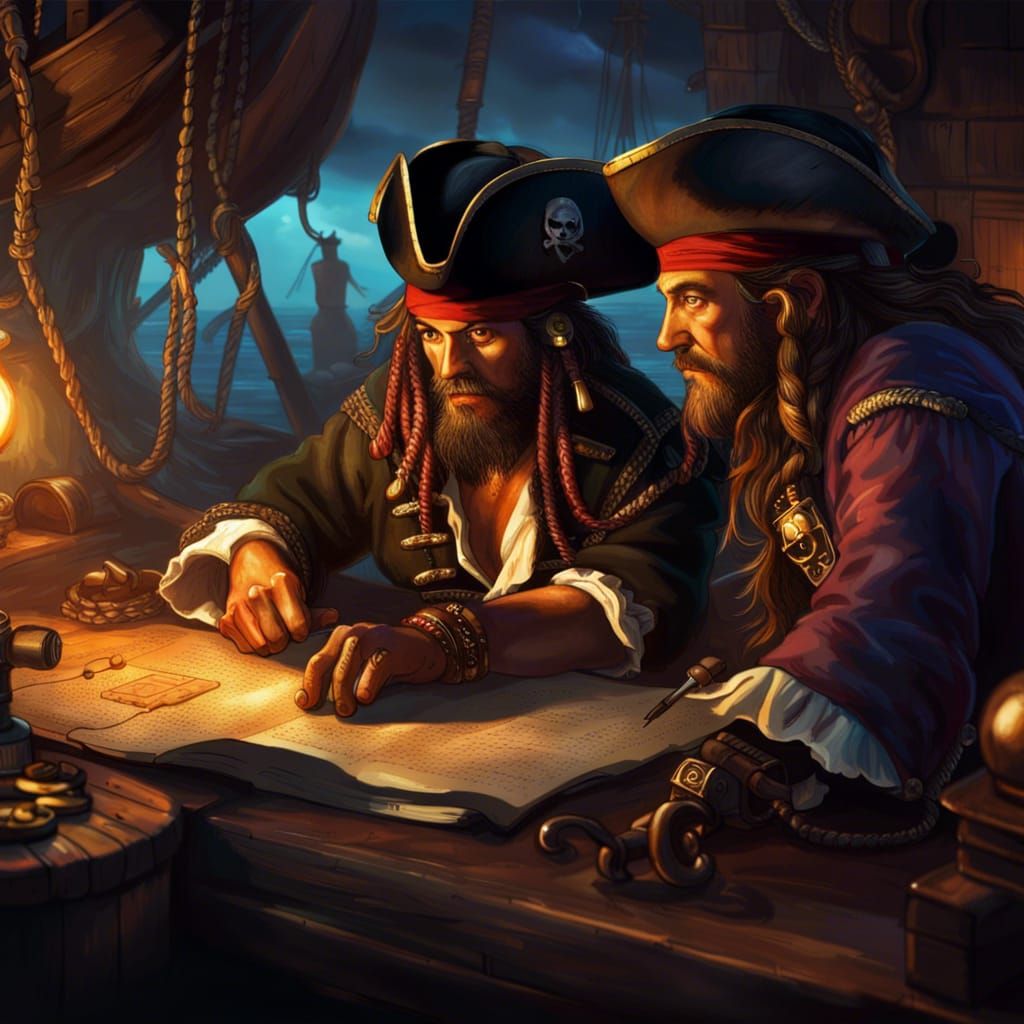 Pirates Plotting Strategy: Hyperrealistic Concept Art